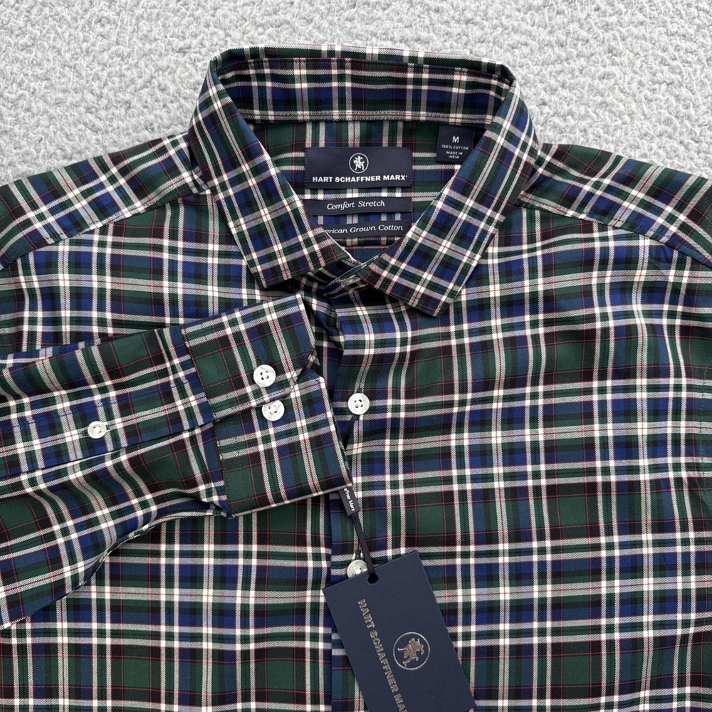 Hart Schaffner Marx Comfort Stretch Shirt Mens Medium Plaid L/S Blue Green